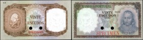 PORTUGAL. Banco de Portugal. 20 Escudos, 1960. P-163ct. Color Trial Specimen. About Uncirculated.
Hole punch cancelled. Red specimen overprint. Portr...