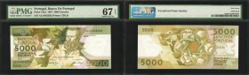 PORTUGAL. Banco de Portugal. 5000 Escudos, 1987. P-183a. PMG Superb Gem Uncirculated 67 EPQ.
Printed by TDLR. Green ink stands out on this Gem Portug...