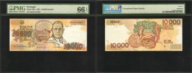 PORTUGAL. Banco de Portugal. 10,000 Escudos, 1991. P-185c. PMG Gem Uncirculated 66 EPQ.
A high denomination Escudos note, found in attractive Gem sta...