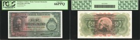 PORTUGUESE GUINEA. Banco Nacional Ultramarino. 50 Escudos, 1964. P-40a. PCGS Currency Gem New 66 PPQ.
Nice detail on this guilloche designed multicol...