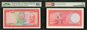 PORTUGUESE GUINEA. Banco Nacional Ultramarino. 1000 Escudos, 1964. P-43a. PMG Gem Uncirculated 65 EPQ.
Bright red with excellent margins. Barreto pic...