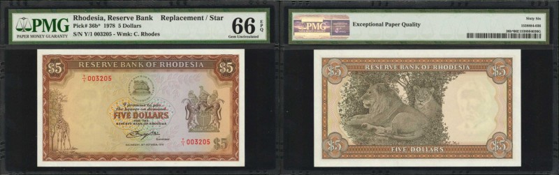 RHODESIA. Reserve Bank of Rhodesia. 5 Dollars, 1978. P-36b*. Replacement. PMG Ge...