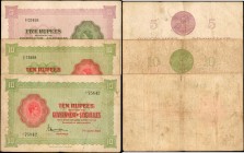 SEYCHELLES. Government of Seychelles. 5 & 10 Rupees, 1942 & 1954. P-8 & 9. Very Fine.
3 pieces in lot. Included are a 5 Rupees note and two 10 Rupees...