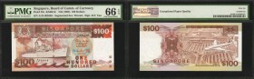 SINGAPORE. Board of Commissioners of Currency. 100 Dollars, ND (1995). P-23c. PMG Gem Uncirculated 66 EPQ.
Segmented security thread. Large ship on f...