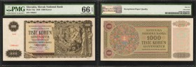 SLOVAKIA. Slovak National Bank. 1000 Korun, 1940. P-13a. PMG Gem Uncirculated 66 EPQ.
Detailed scene of King Svatopluk and his three sons at right on...