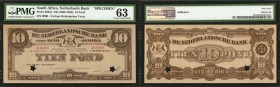SOUTH AFRICA. Netherlands Bank. 10 Pond, ND (1888-1920). P-S635s. Specimen. PMG Choice Uncirculated 63.
Various redemption texts. Star punch cancella...