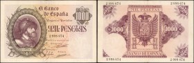 SPAIN. El Banco de Espana. 1000 Pesetas, 1940. P-125. Extremely Fine.
A scarce design which shows with Carlos I at left and a pleasing multi-colored ...