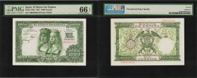 SPAIN. El Banco de Espana. 1000 Pesetas, 1957. P-149a. PMG Gem Uncirculated 66 EPQ.
King and Queen seen at center, with ornate design found on the ba...
