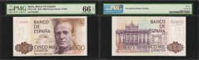 SPAIN. Banco de Espana. 5000 Pesetas, 1979. P-160. PMG Gem Uncirculated 66 EPQ.
Pack fresh appeal is seen on this high denomination 5000 Pesetas note...