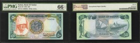 SUDAN. Bank of Sudan. 50 Pounds, 1984. P-29. PMG Gem Uncirculated 66 EPQ.
Watermark of arms at right. The reverse displays a sailing ship at center w...