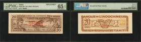 TAHITI. Banque de l'Indochine. 20 Francs, ND (1944). P-20s. Specimen. PMG Gem Uncirculated 65 EPQ.
Woman at left with boat and fisherman in backgroun...