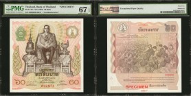 THAILAND. Bank of Thailand. 60 Baht, ND (1987). P-93s. Specimen. PMG Superb Gem Uncirculated 67 EPQ.
A commemorative specimen of a 60 Baht note. A po...