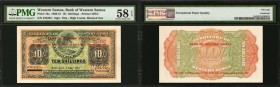 WESTERN SAMOA. Bank of Western Samoa. 10 Shillings, 1960-61. P-10a. PMG Choice About Uncirculated 58 EPQ.
Red Bank of Western Samoa overprint. Green ...