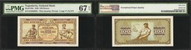 YUGOSLAVIA. National Bank of Yugoslavia. 100 Dinara, 1946. P-65b. PMG Superb Gem Uncirculated 67 EPQ.
Thin security thread. Large numbers in S/N. Ind...
