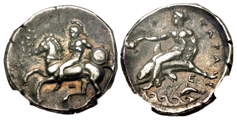 Calabria, Tarentum. Ca. 344-340 B.C. AR nomos (21 mm, 7.87 g, 9 h). Warrior, nud...