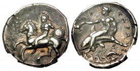 Calabria, Tarentum. Ca. 344-340 B.C. AR nomos. NGC certified Ch XF. Ex Numismatica Ars Classica 88 (8 October 2015), lot 546; Numismatica Ars Classica...