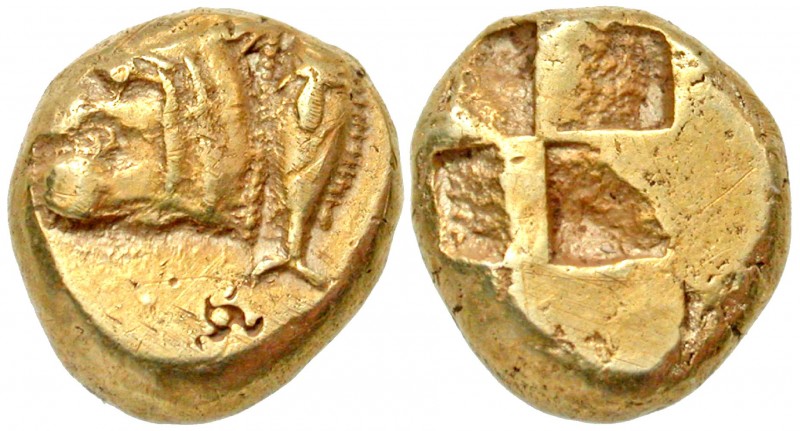 Mysia, Kyzikos. Ca. 550-450 B.C. EL hekte (10.8 mm, 2.70 g). Head of lion left; ...