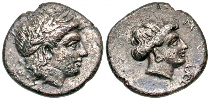 Lesbos, Mytilene. Ca. 400-350 B.C. AR diobol (11.5 mm, 1.29 g, 12 h). Laureate h...