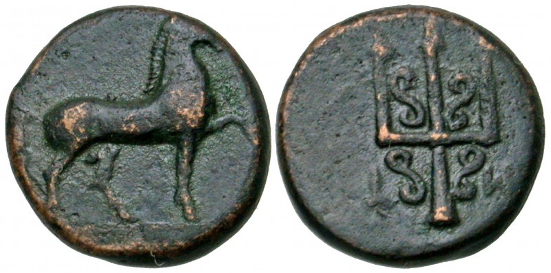 Caria, Mylasa. Ca. 210-30 B.C. AE 13 (12.52 mm, 1.62 g, 1 h). Horse prancing rig...