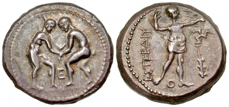 Pamphylia, Aspendos. 420-400 B.C. AR stater (23.8 mm, 10.38 g, 12 h). Two wrestl...