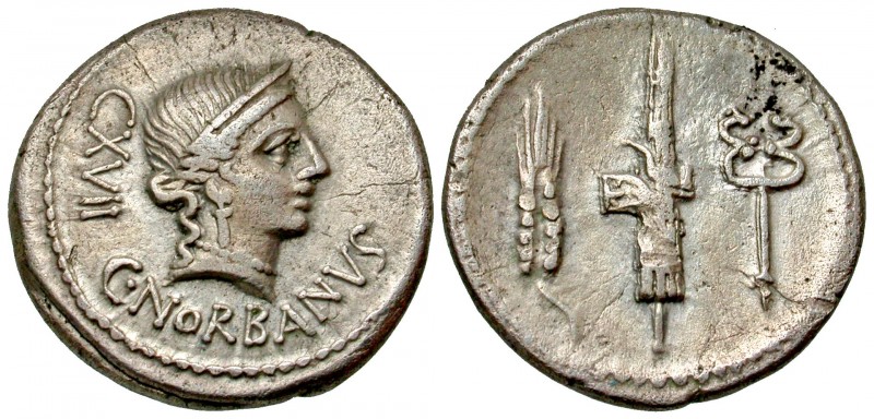 C. Norbanus C.f.. 83 B.C. AR denarius (19.1 mm, 3.73 g, 1 h). Rome. C·NORBANVS, ...