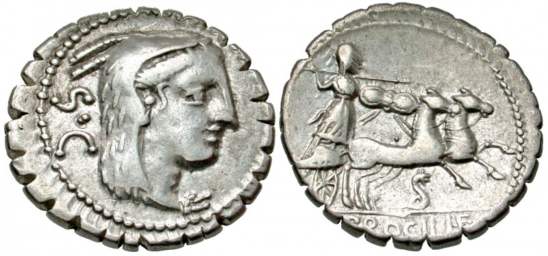 L. Procilius Filius. 80 B.C. AR serrate denarius (19.3 mm, 3.67 g, 4 h). Rome mi...