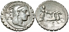 L. Procilius Filius. 80 B.C. AR serrate denarius. Rome mint.