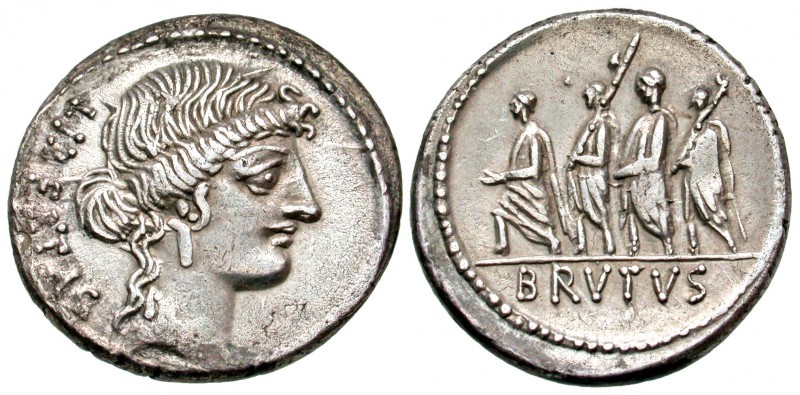Q. Servilius Caepio (M. Junius) Brutus. AR denarius (19.2 mm, 3.84 g, 4 h). 54 B...
