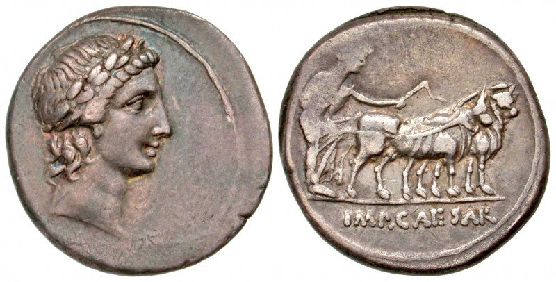 Octavian. 44-27 B.C. AR denarius (19.6 mm, 3.49 g, 7 h). Italian (Rome?) mint, A...