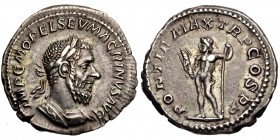Macrianus. Usurper, A.D. 260-261. AR denarius. Rome mint, 2nd emission, A.D. 217-218. NGC certified Ch XF. Ex Leu Numismatik Web Auction 3, lot 930.