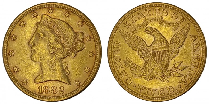 USA. 1882. Gold Liberty Half Eagle. $5. Philadelphia mint. XF. 

Estimated bel...