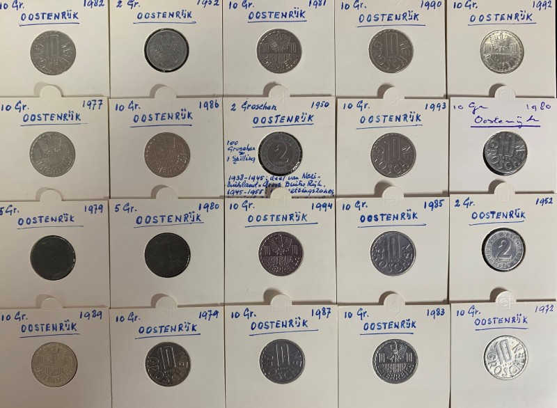 Austria 2-50 Grosh; 1-10 Shilling 1950-1994 Lot of 53 Coins