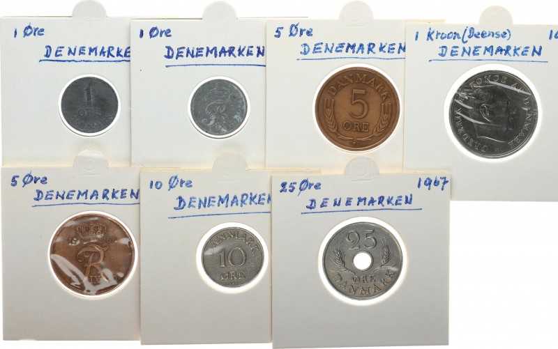 Denmark 1-25 Ore; 1 Krone 1953-1969 Lot of 7 Coins