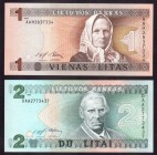 Lithuania 1 Litas banknote 1994 and 2 Litai banknote 1993.