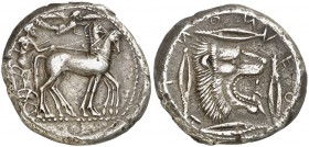 (476-466 a.C.). Sicilia. Leontini. Tetradracma. (S. 825 sim) (CNG. II, 660). 17,28 g. Rara. MBC+.