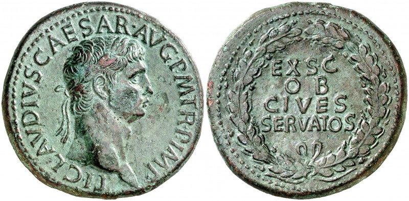 (41-42 d.C.). Claudio. Sestercio. (Spink 1849) (Co. 39) (RIC. 96). 28,50 g. Páti...