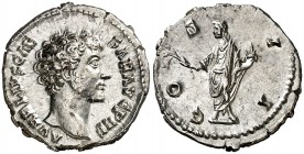 (145 d.C.). Marco Aurelio. Denario. (Spink 4782 var) (S. 110) (RIC. 429a, de Antonino pío). 3,38 g. Bella. EBC-.