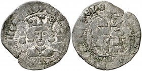 Enrique II (1368-1379). Real de vellón de busto. (AB. falta). 2,70 g. Vellón muy rico. Rara. MBC+.