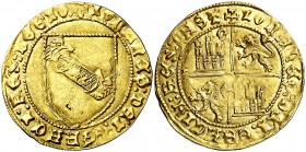 Juan II (1406-1454). Sevilla. Dobla de la banda. (AB. 617.1 var) (M.R. falta). 4,46 g. Leones sin coronas. Bella pátina. Ex Áureo & Calicó Selección 2...