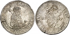 1547. Carlos I. Kaufbeuren. 1 taler. (Dav. 9352) (Kr. MB22) (Ha. 2364 sim). 28,76 g. Grieta en canto. Buen ejemplar. MBC+.