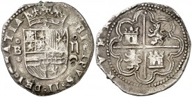 s/d. Felipe II. Burgos. 2 reales. (AC. 307, mismo ejemplar). 5,85 g. Resto de soldadura en canto. Muy rara. (MBC+).