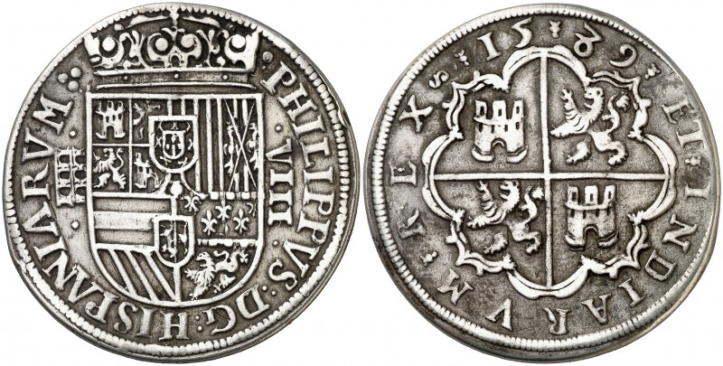 1589. Felipe II. Segovia. 8 reales. (AC. 710). 26,68 G. Acueducto de dos pisos y...