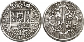1589. Felipe II. Segovia. 8 reales. (AC. 710). 26,68 G. Acueducto de dos pisos y tres arcos. Leves golpecitos. Rara. MBC+.