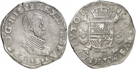1592. Felipe II. Bruselas. 1 escudo felipe. (Vti. falta) (Vanhoudt 363.BS). 32,36 g. Marca de ceca B. Buen ejemplar. El 2 de la fecha en forma de Z. E...