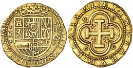 1591. Felipe II. M (Madrid). C. 4 escudos. (AC. 882, mismo ejemplar) (Tauler 4, mismo ejemplar). 13,64 g. Golpecitos. Ínfimo resto de soldadura. Pátin...