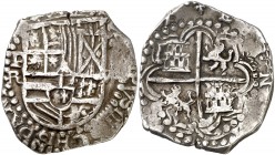 s/d. Felipe III. Potosí. R. 8 reales. (AC. 912). 27,12 g. Armas de Flandes y Tirol sin separación. Valor: VIII. Visible el ordinal del rey. MBC.