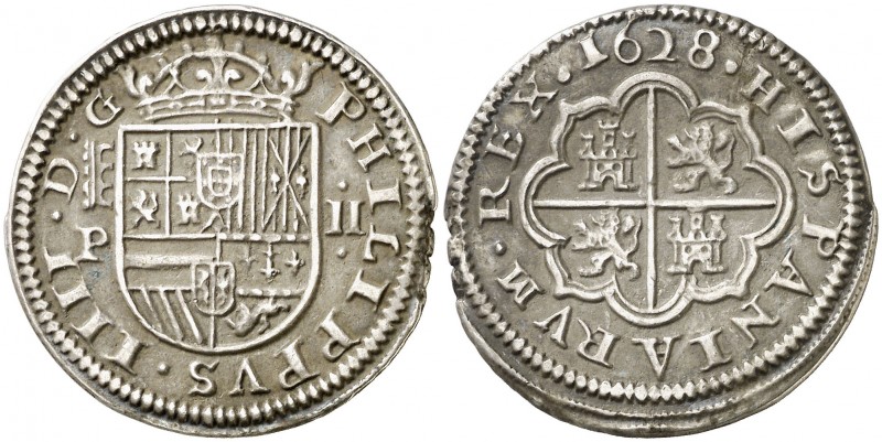 1628. Felipe IV. Segovia. P. 2 reales. (AC. 933). 5,65 g. Pequeña parte del cant...