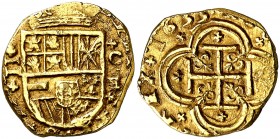 1633. Felipe IV. Cartagena de Indias. E. 2 escudos. (AC. 1765) (Tauler 121) (Restrepo MS2-21). 6,86 g. Cruces dentro y fuera de los arcos en reverso. ...