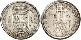 1687. Carlos II. Segovia. BR. 4 reales. (AC. 567). 10,94 g. Tipo "María". Bella pátina. Rara. MBC+.