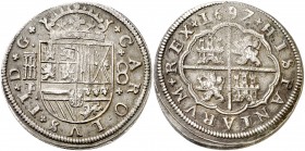1697. Carlos II. Segovia. F. 8 reales. (AC. 773). 25,68 g. Golpes en reverso. Muy rara. MBC+/MBC-.